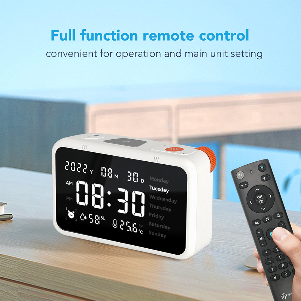 SMARTCUCKOO Smart Alarm Clock with easy MP3 music player- 8-inch Large Display Bluetooth Talking Smart Clock White Noise Temperature-humidity Sensor Personal Voice Medication Reminder, iOS/Android App and remote!!