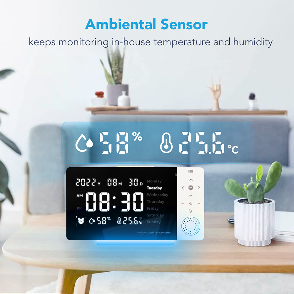 SMARTCUCKOO Smart Alarm Clock with Night Light- 8-inch Large Display Bluetooth Talking Smart Clock White Noise Temperature-humidity Sensor Personal Voice Medication Reminder, iOS/Android App and remote!