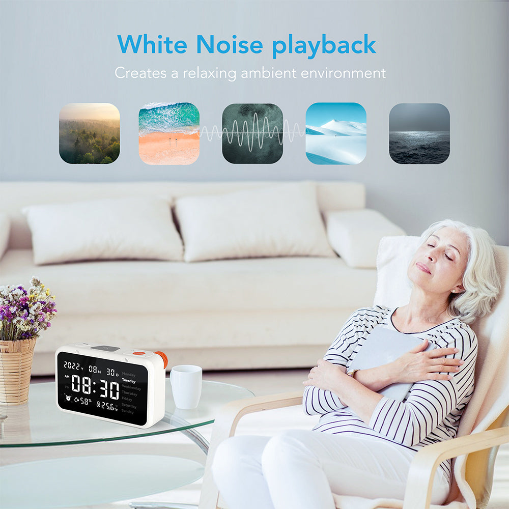 SMARTCUCKOO Smart Alarm Clock - 8-inch Large Display Bluetooth Talking Smart Clock Easy Music playback White Noise Temperature-humidity Sensor Personal Voice Medication Reminder, iOS/Android App and remote!!