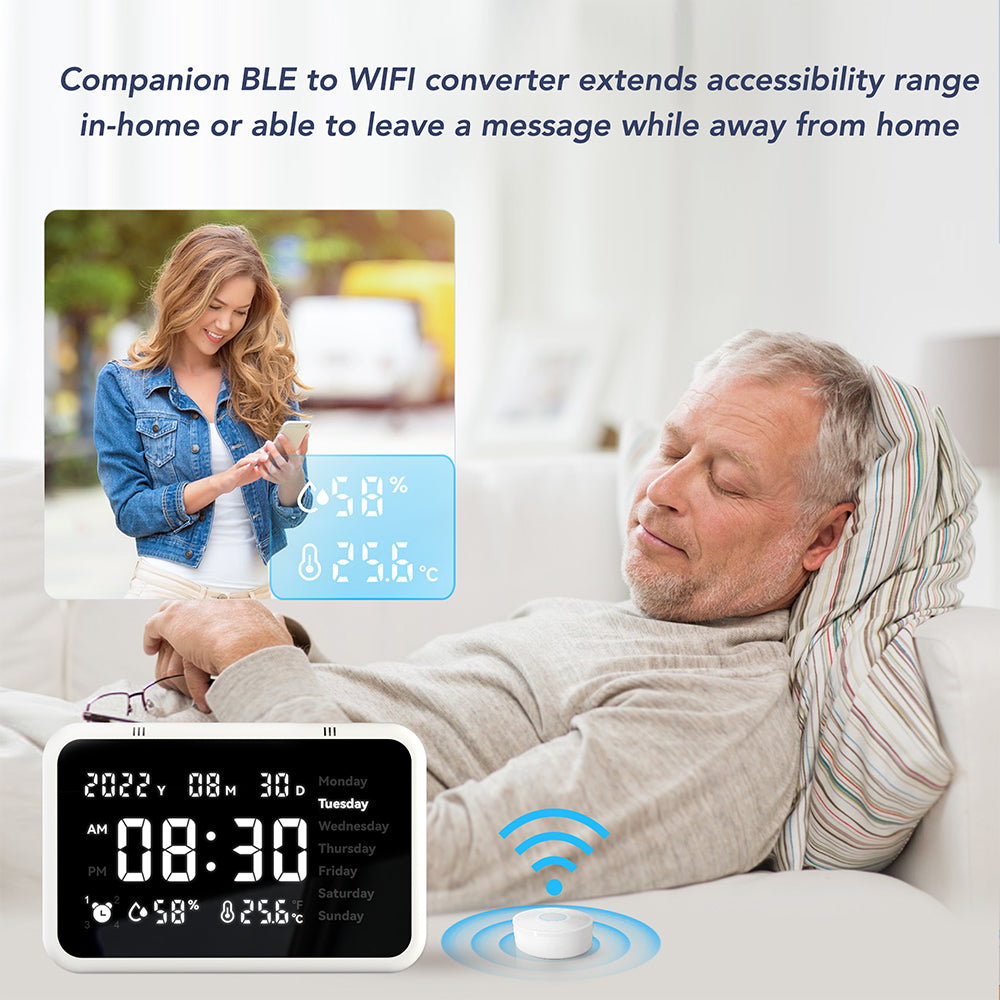 SMARTCUCKOO Smart Alarm Clock - 8-inch Large Display Bluetooth Talking Smart Clock Easy Music playback White Noise Temperature-humidity Sensor Personal Voice Medication Reminder, iOS/Android App and remote!!
