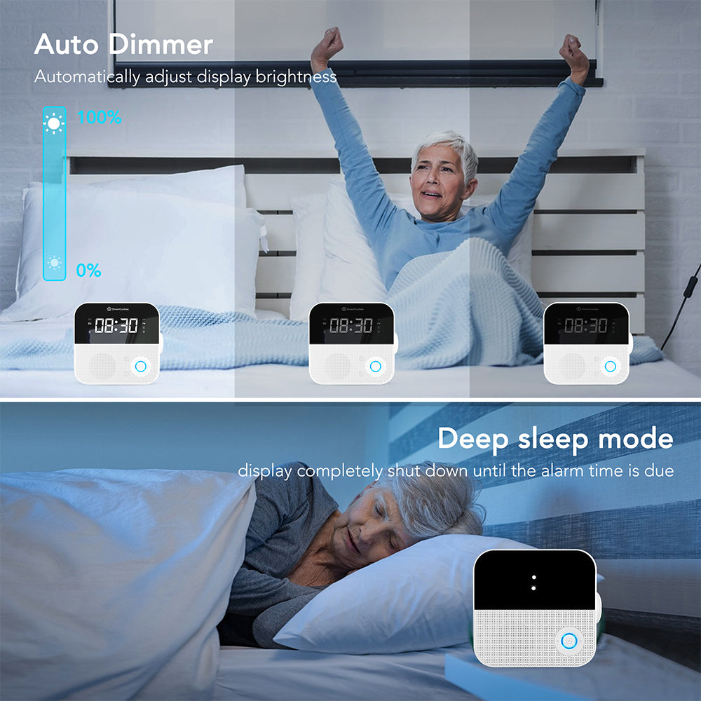 SMARTCUCKOO Smart Alarm Clock Radio- WIFI enabled Talking Clock with AM/FM Radio - White Noise Temperature-humidity Sensor Personal Voice Medication Reminder. iOS/Android App and remote control!