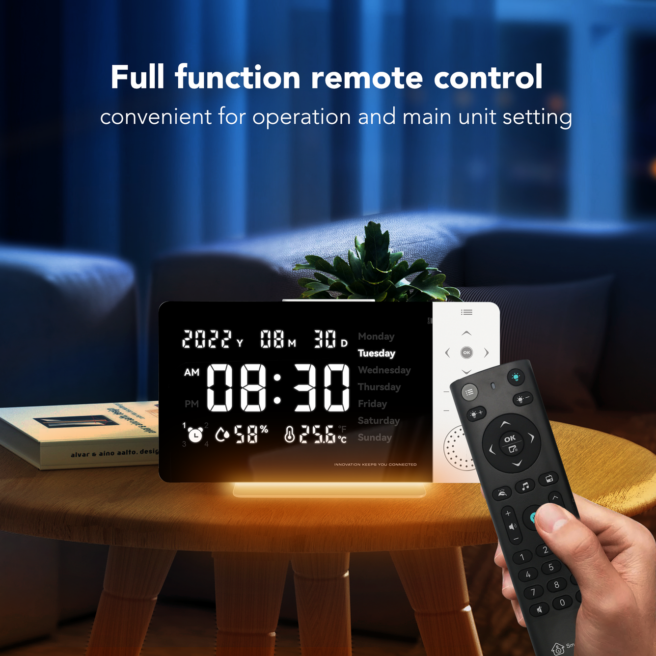 SMARTCUCKOO Smart Alarm Clock - 8-inch Large Display clear Day of the Week reading Night Light White Noise Temperature-humidity Sensor Personal Voice Medication Reminder. iOS/Android App, remote and  Bluetooth connection!
